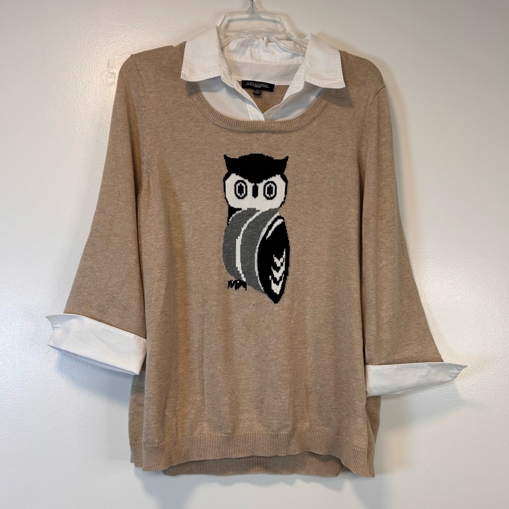 Notations Tan Owl Print Sweater Faux Collar Cuff Knit Long Sleeve Women’s 1X - Picture 2 of 7
